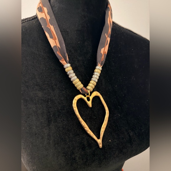 Jewelry - Gold Heart Pendant Necklace with Beaded Ribbon - Women Jewelry